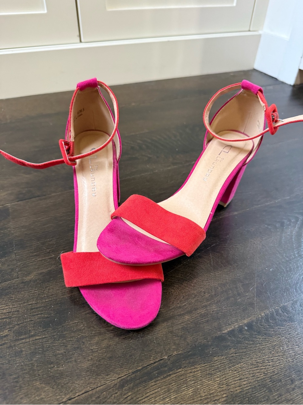 Chinese Laundry Two-Tone Pink and Red Block Heel Sandals